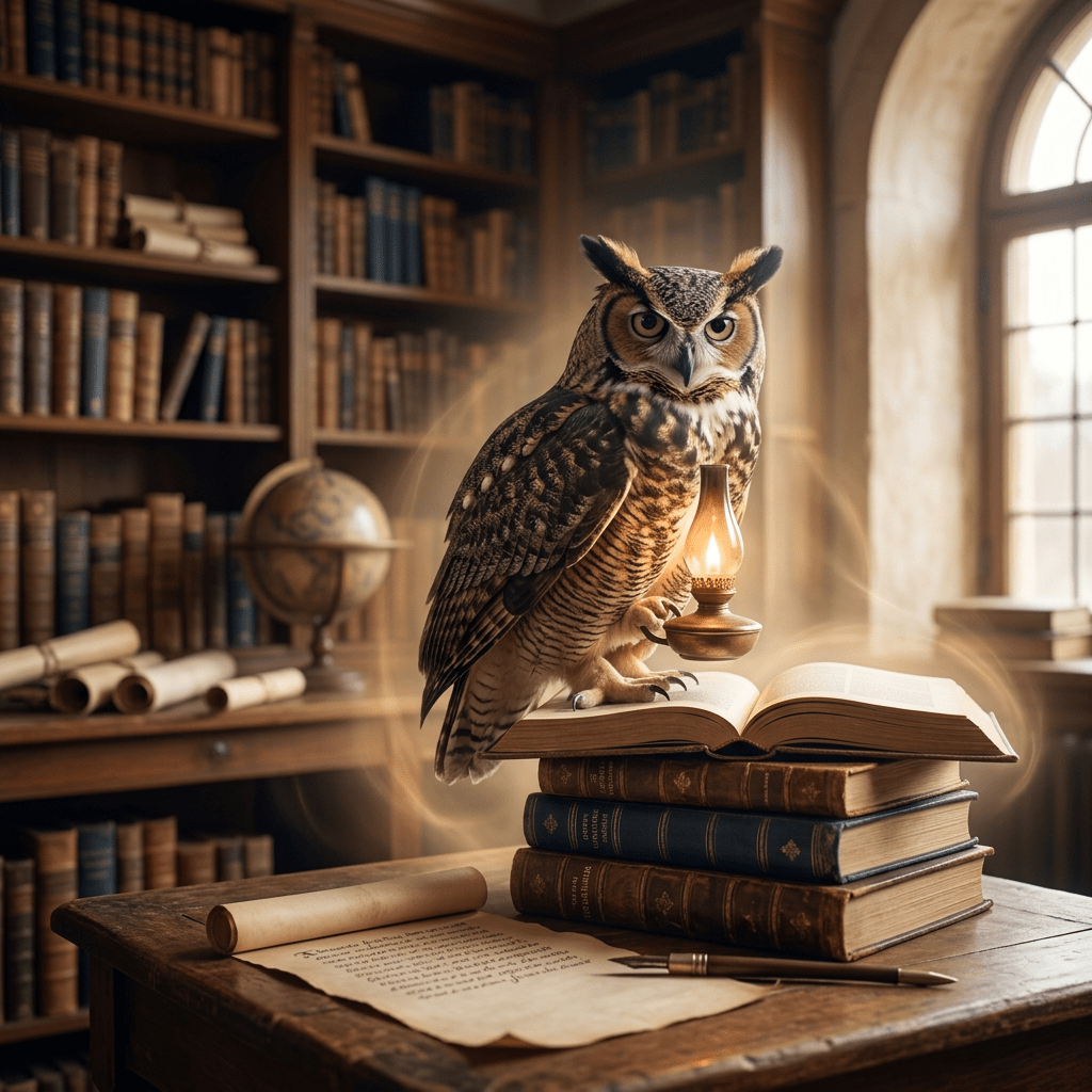 Owl holding a glowing lantern perched on an open book in a vintage library
