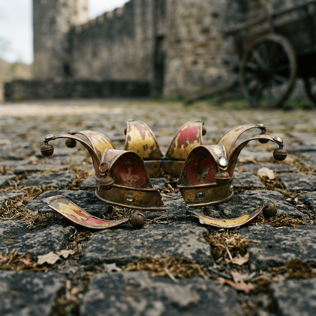 A weathered jester crown with red and yellow paint, rusty bells, placed on cobblestone pavement